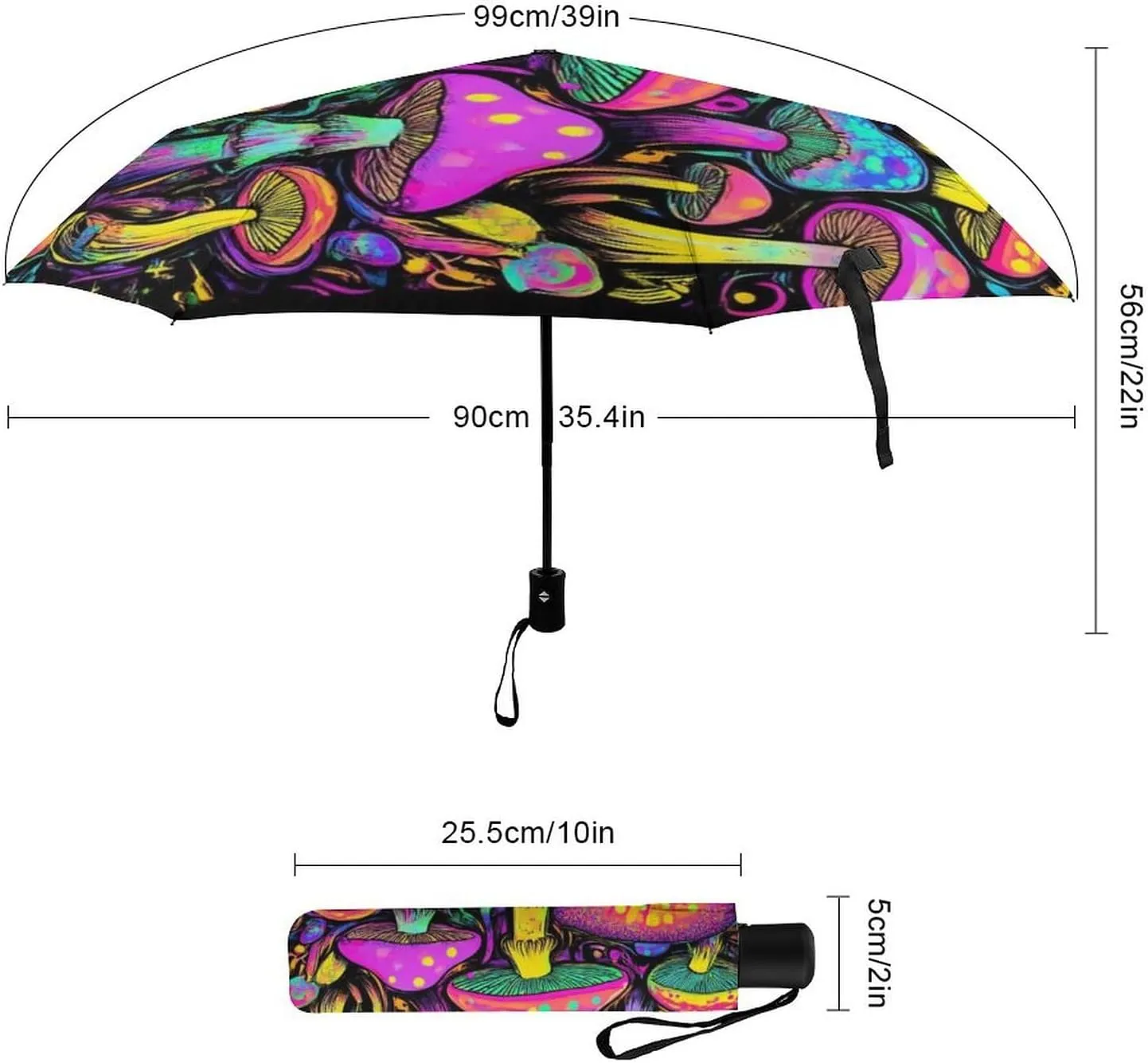 Water Repellent Travel Umbrella for Women Men Kids, Outdoor Umbrellas with Ergonomic Handle, Auto Open/Close, Trippy Mushrooms Art Sun Protection Umbrellas