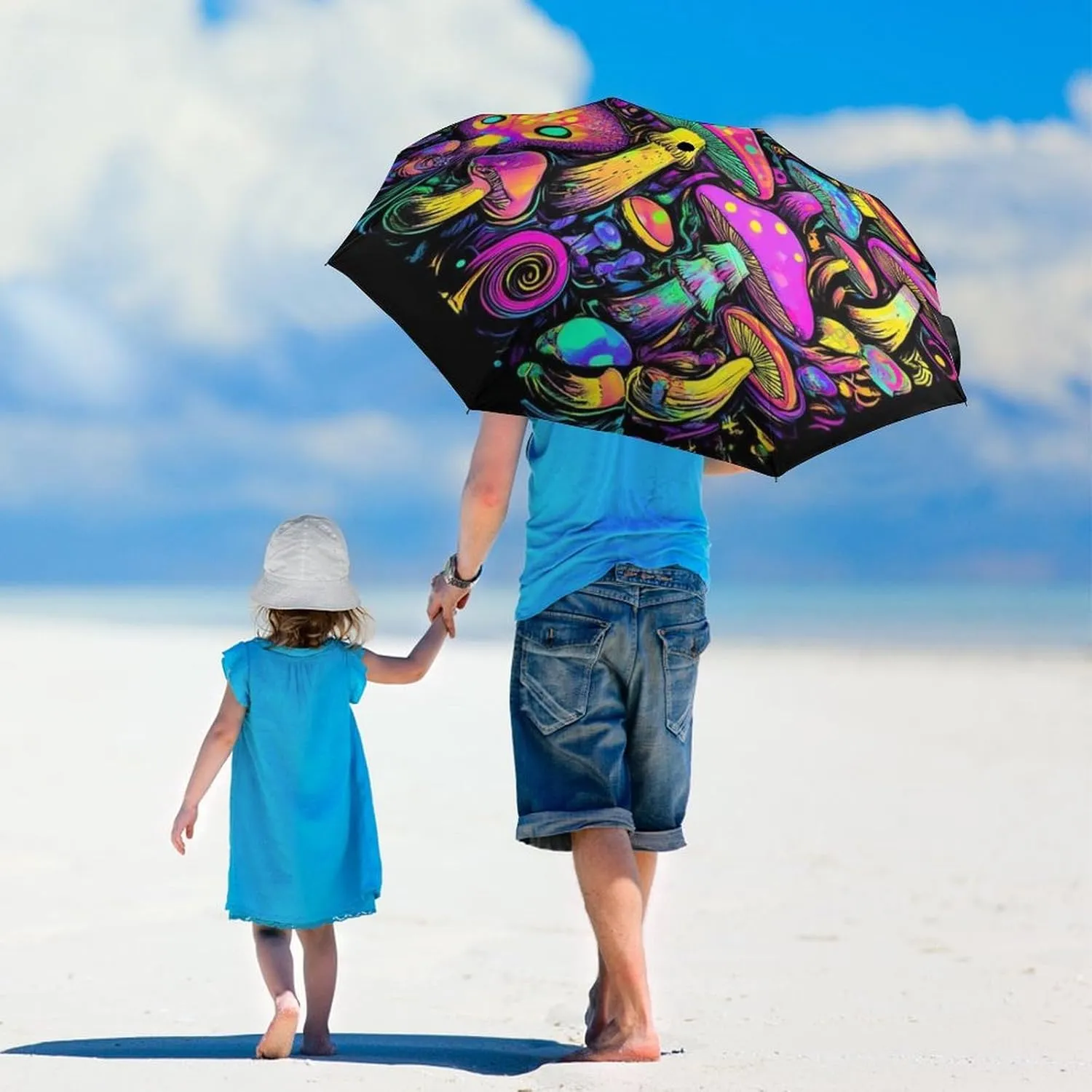 Water Repellent Travel Umbrella for Women Men Kids, Outdoor Umbrellas with Ergonomic Handle, Auto Open/Close, Trippy Mushrooms Art Sun Protection Umbrellas