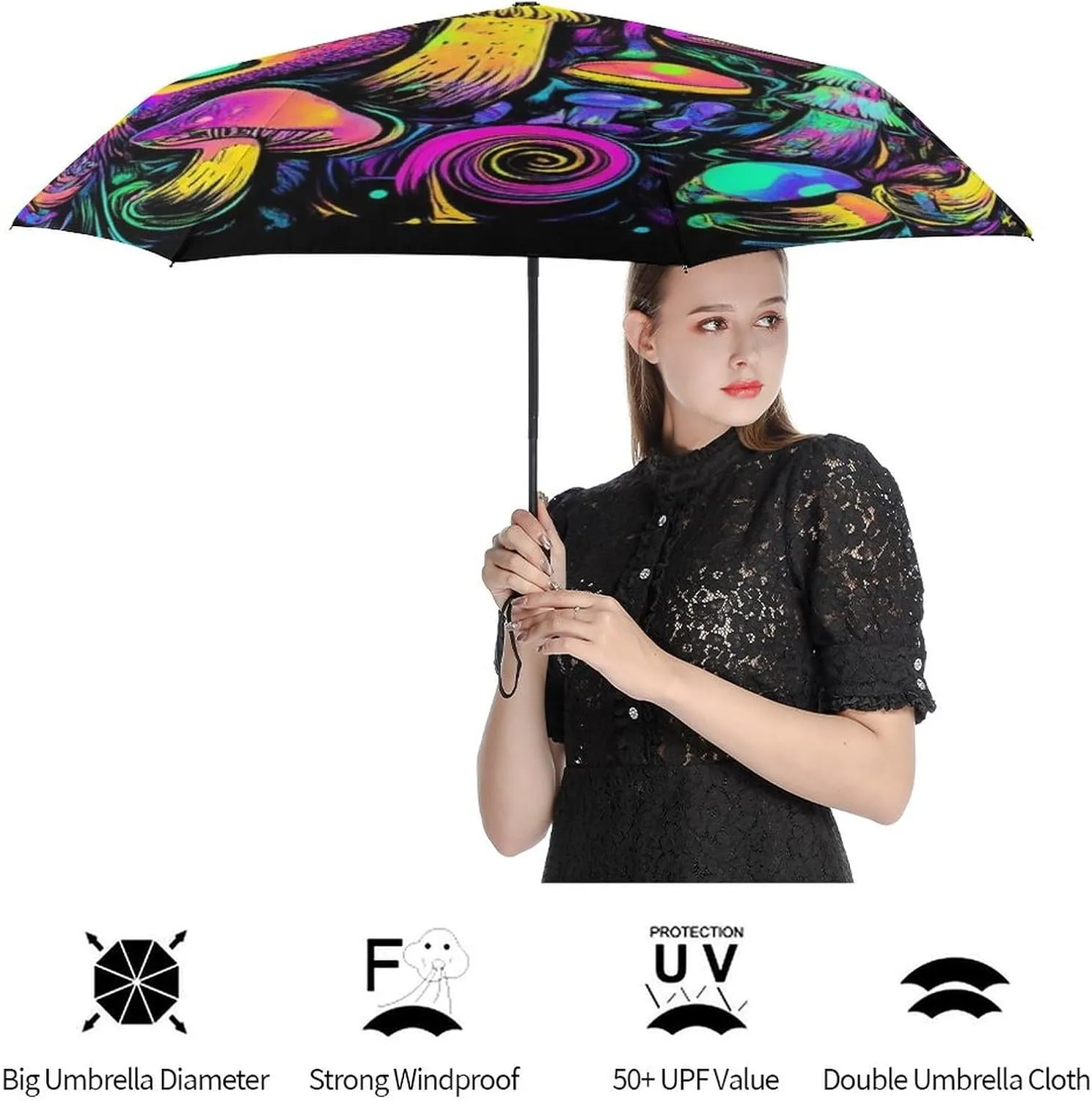 Water Repellent Travel Umbrella for Women Men Kids, Outdoor Umbrellas with Ergonomic Handle, Auto Open/Close, Trippy Mushrooms Art Sun Protection Umbrellas