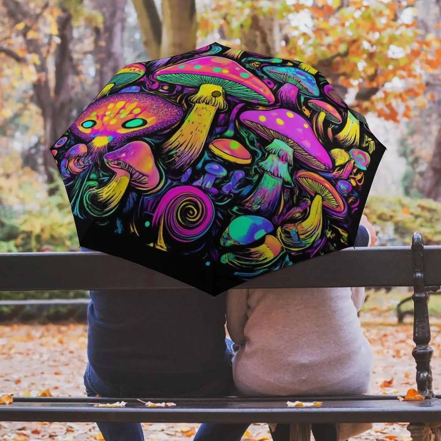 Water Repellent Travel Umbrella for Women Men Kids, Outdoor Umbrellas with Ergonomic Handle, Auto Open/Close, Trippy Mushrooms Art Sun Protection Umbrellas