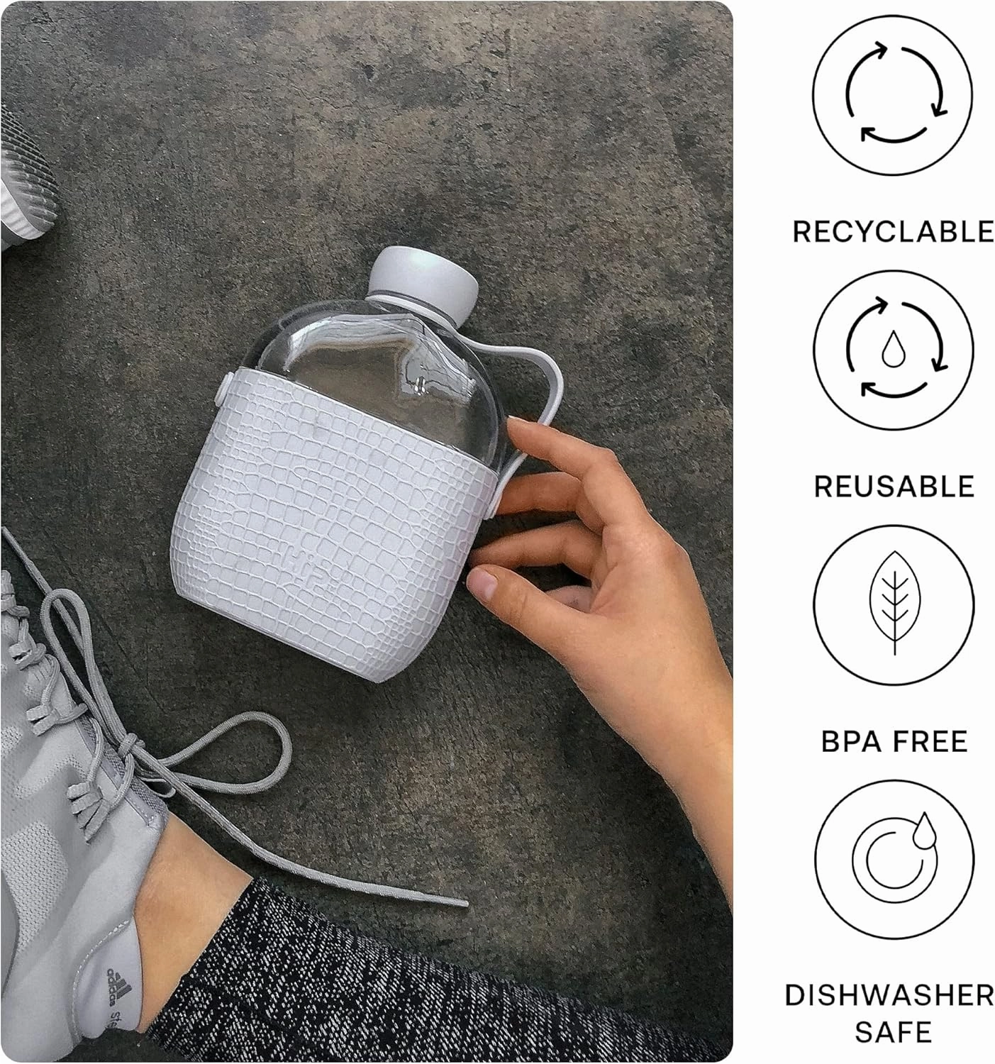 Water Bottle - 650ml / 20oz Capacity - Slim Reusable Bottles with Silicone Grip Sleeve and Carry Loop - Leak Proof Screw-Top Cap - Dishwasher Safe - Cloud