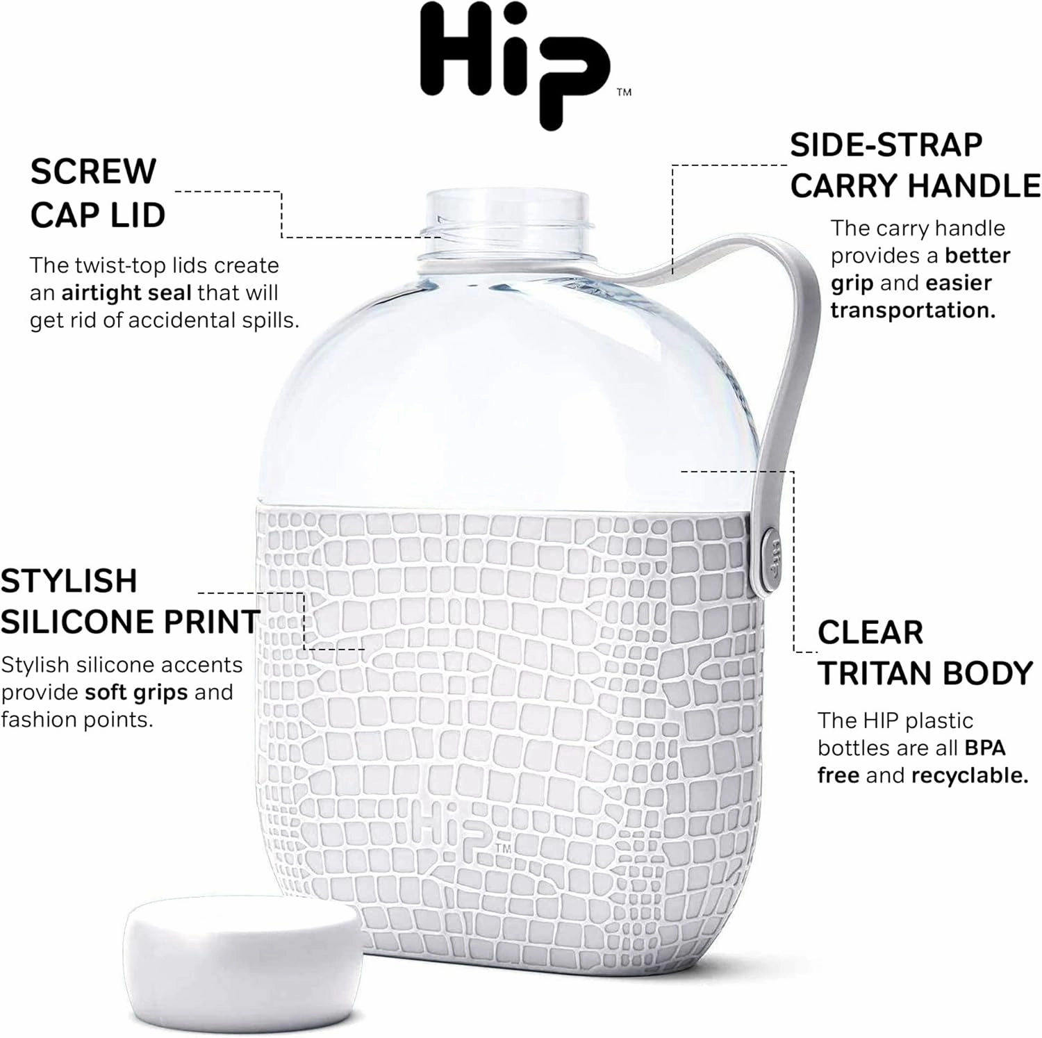 Water Bottle - 650ml / 20oz Capacity - Slim Reusable Bottles with Silicone Grip Sleeve and Carry Loop - Leak Proof Screw-Top Cap - Dishwasher Safe - Cloud