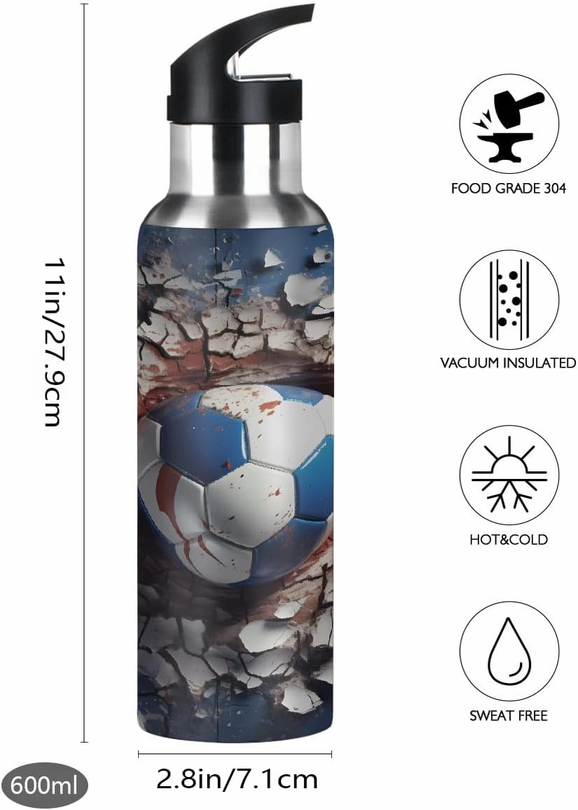 Water Bottle Stainless Steel, Broken Wall Football Insulated Sports Bottle with Straw, BPA Free Reusable Bottles for Fitness, Travel & Outdoor Activities