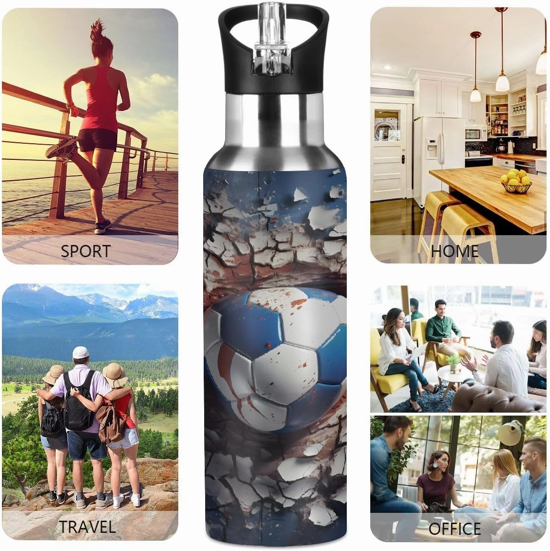 Water Bottle Stainless Steel, Broken Wall Football Insulated Sports Bottle with Straw, BPA Free Reusable Bottles for Fitness, Travel & Outdoor Activities