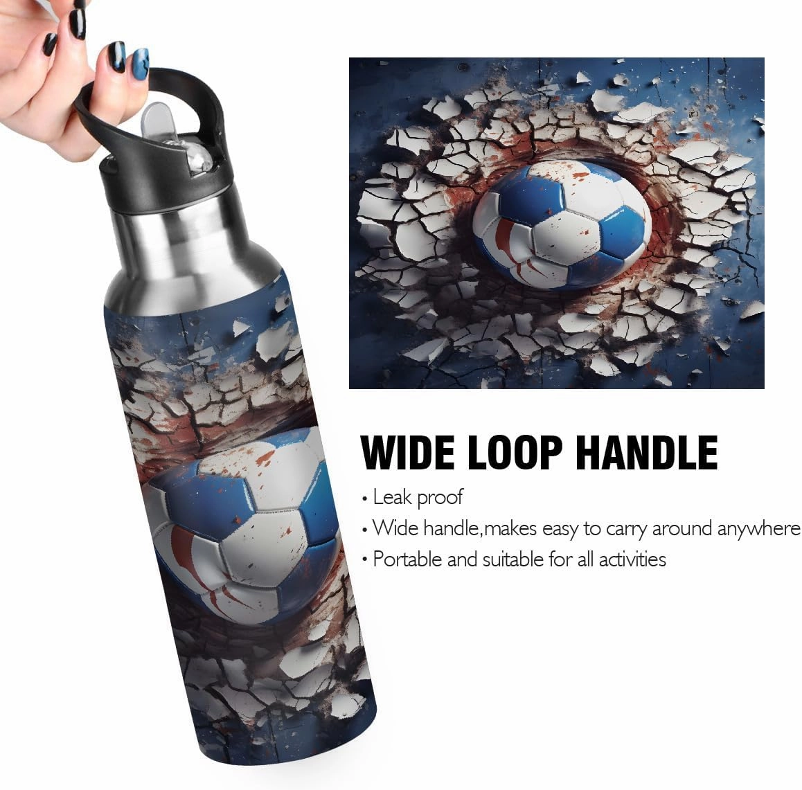 Water Bottle Stainless Steel, Broken Wall Football Insulated Sports Bottle with Straw, BPA Free Reusable Bottles for Fitness, Travel & Outdoor Activities