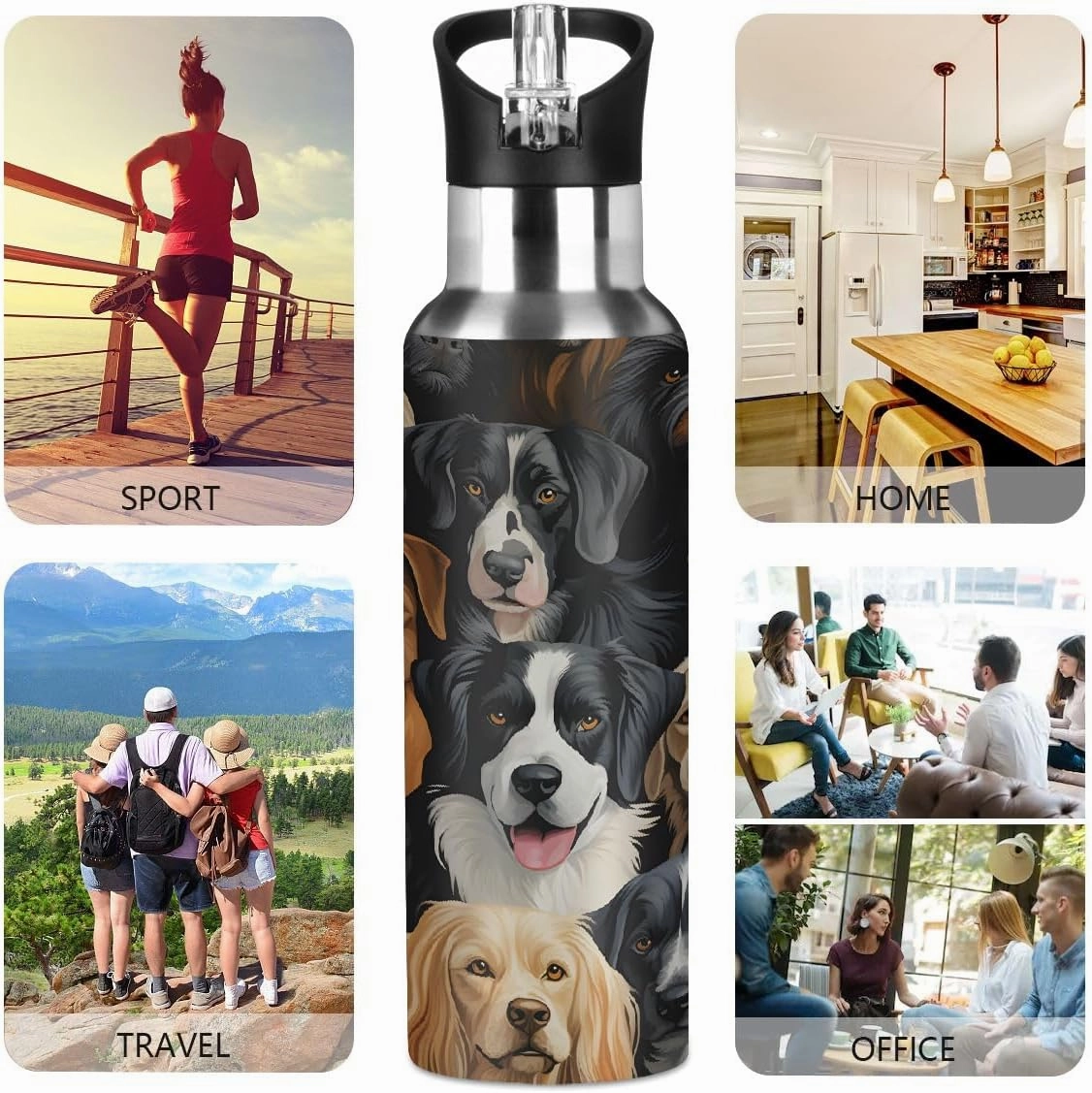 Water Bottle Stainless Steel, Funny Cartoon Dog Insulated Sports Bottle with Straw, BPA Free Reusable Bottles for Fitness, Travel & Outdoor Activities