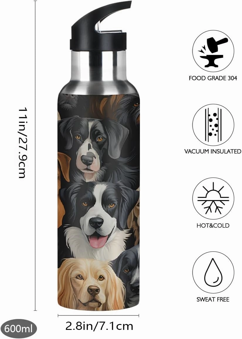Water Bottle Stainless Steel, Funny Cartoon Dog Insulated Sports Bottle with Straw, BPA Free Reusable Bottles for Fitness, Travel & Outdoor Activities