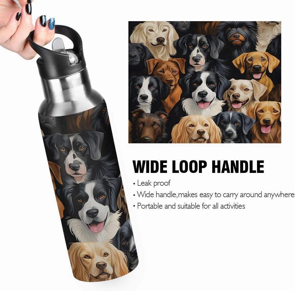 Water Bottle Stainless Steel, Funny Cartoon Dog Insulated Sports Bottle with Straw, BPA Free Reusable Bottles for Fitness, Travel & Outdoor Activities