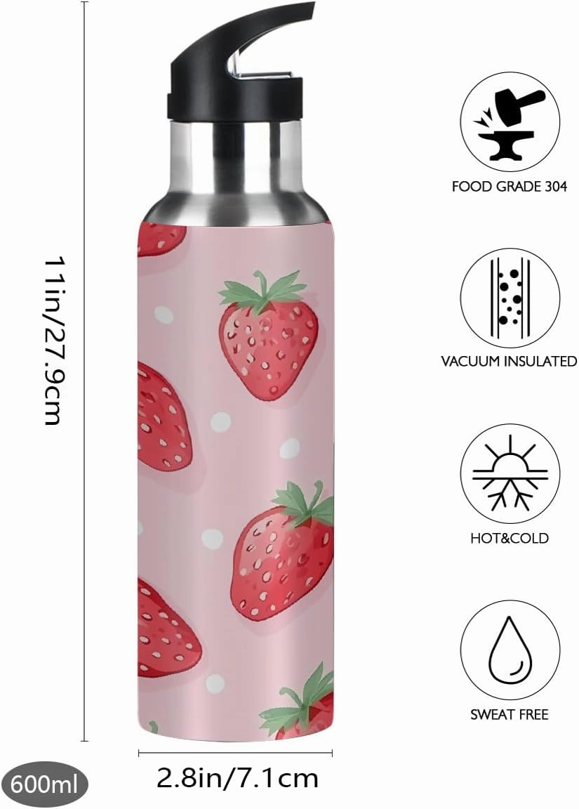 Water Bottle Stainless Steel, Strawberry Polka Dots Insulated Sports Bottle with Straw, BPA Free Reusable Bottles for Fitness, Travel & Outdoor Activities