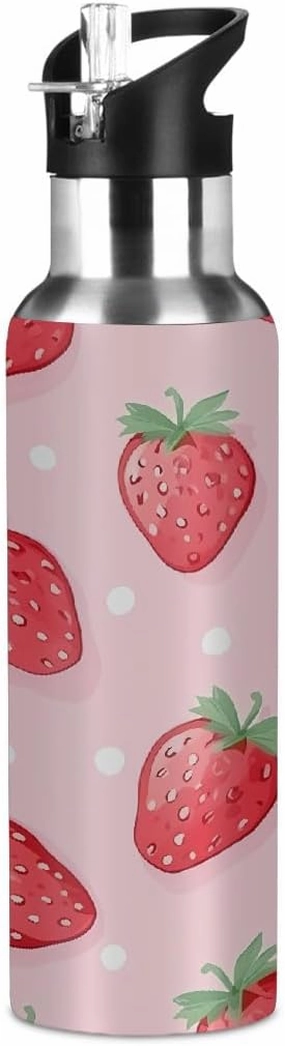 Water Bottle Stainless Steel, Strawberry Polka Dots Insulated Sports Bottle with Straw, BPA Free Reusable Bottles for Fitness, Travel & Outdoor Activities