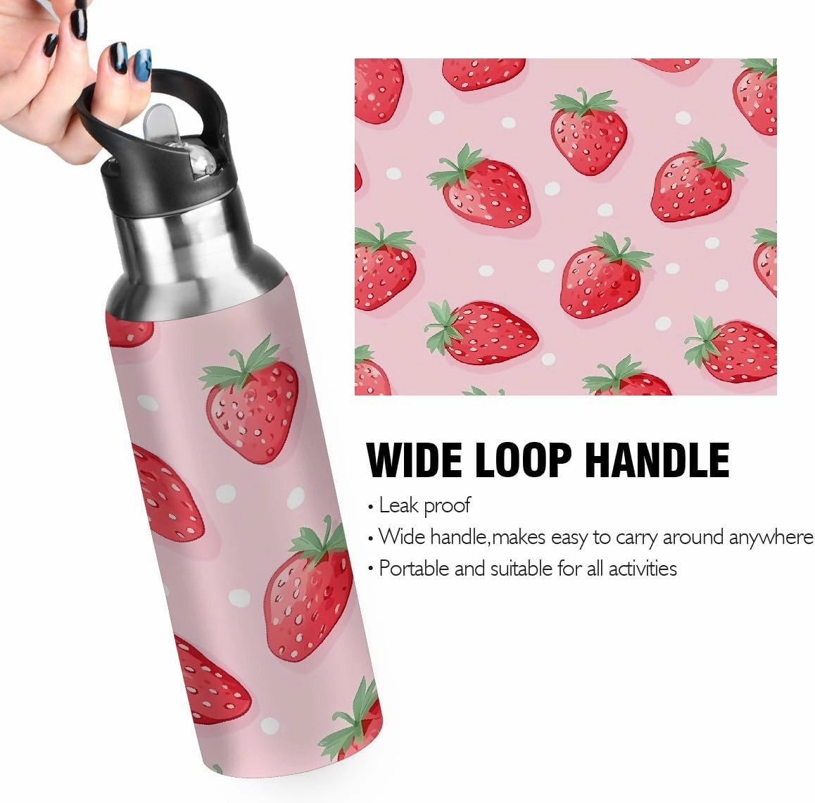 Water Bottle Stainless Steel, Strawberry Polka Dots Insulated Sports Bottle with Straw, BPA Free Reusable Bottles for Fitness, Travel & Outdoor Activities