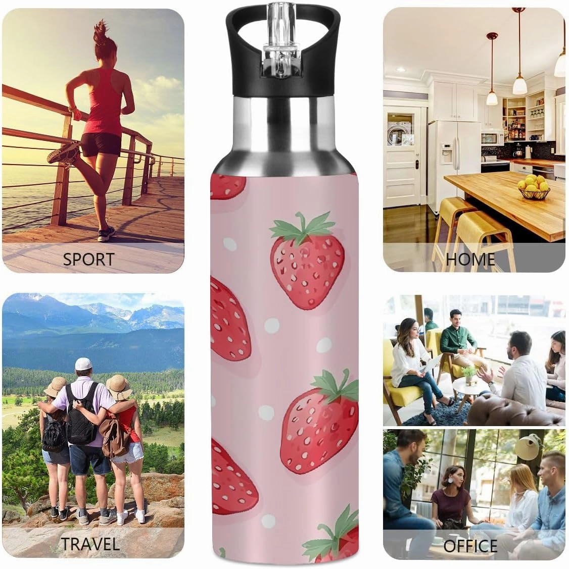 Water Bottle Stainless Steel, Strawberry Polka Dots Insulated Sports Bottle with Straw, BPA Free Reusable Bottles for Fitness, Travel & Outdoor Activities