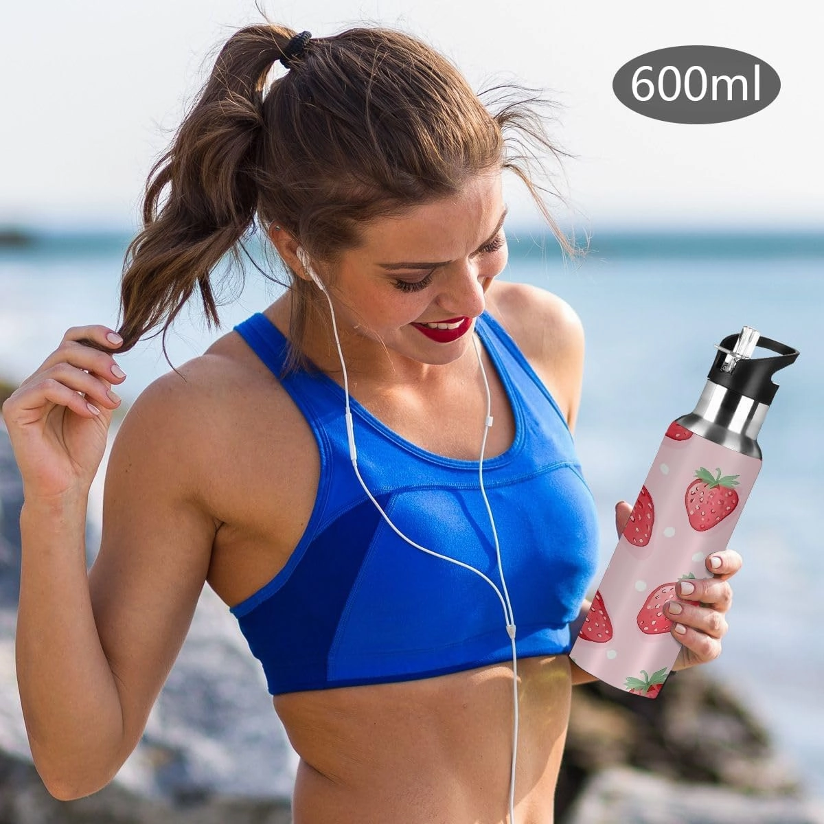 Water Bottle Stainless Steel, Strawberry Polka Dots Insulated Sports Bottle with Straw, BPA Free Reusable Bottles for Fitness, Travel & Outdoor Activities