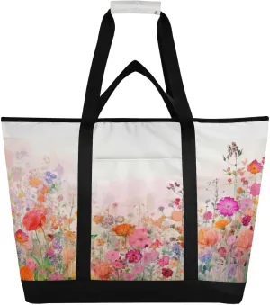 Watercolor Floral Reusable Insulated Lunchbox Cooler Bag, Leakproof Kitchen Grocery Bag Collapsible Portable Cooler Tote Bag for Picnic, Camping, Office, Travel