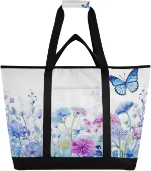 Watercolor Flowers Butterflies Reusable Insulated Lunchbox Cooler Bag, Leakproof Kitchen Grocery Bag Collapsible Portable Cooler Tote Bag for Picnic, Camping, Office, Travel