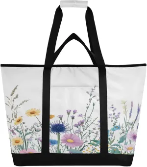Watercolor Wildflowers Reusable Insulated Lunchbox Cooler Bag, Leakproof Kitchen Grocery Bag Collapsible Portable Cooler Tote Bag for Picnic, Camping, Office, Travel