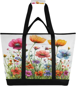 Watercolor Wildflowers Reusable Insulated Lunchbox Cooler Bag, Leakproof Kitchen Grocery Bag Collapsible Portable Cooler Tote Bag for Picnic, Camping, Office, Travel