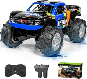 Waterproof RC Monster Truck Amphibious Remote Control Trucks 13In Big Off Road RC Cars for Kids 4WD 360° Rotation Two Rechargeable Batteries Gifts for Boys Girls Age 4-12 Pool Toys (Blue)