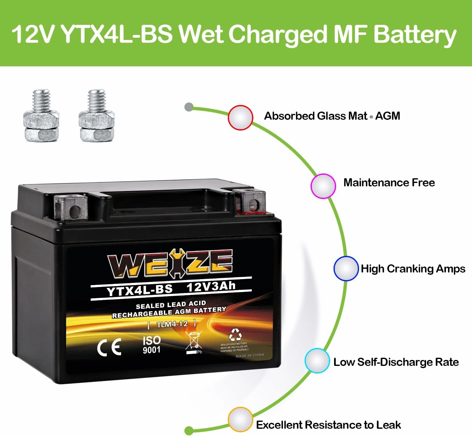 Weize YTX4L-BS High Performance-Rechargeable-Sealed Motorcycle Battery Compatible With Polaris Scrambler, Sportsman 90, Honda Scooters NQ50 Spree,Kawasaki 110 Can-Am DS70,Yamaha TTR125E/LE