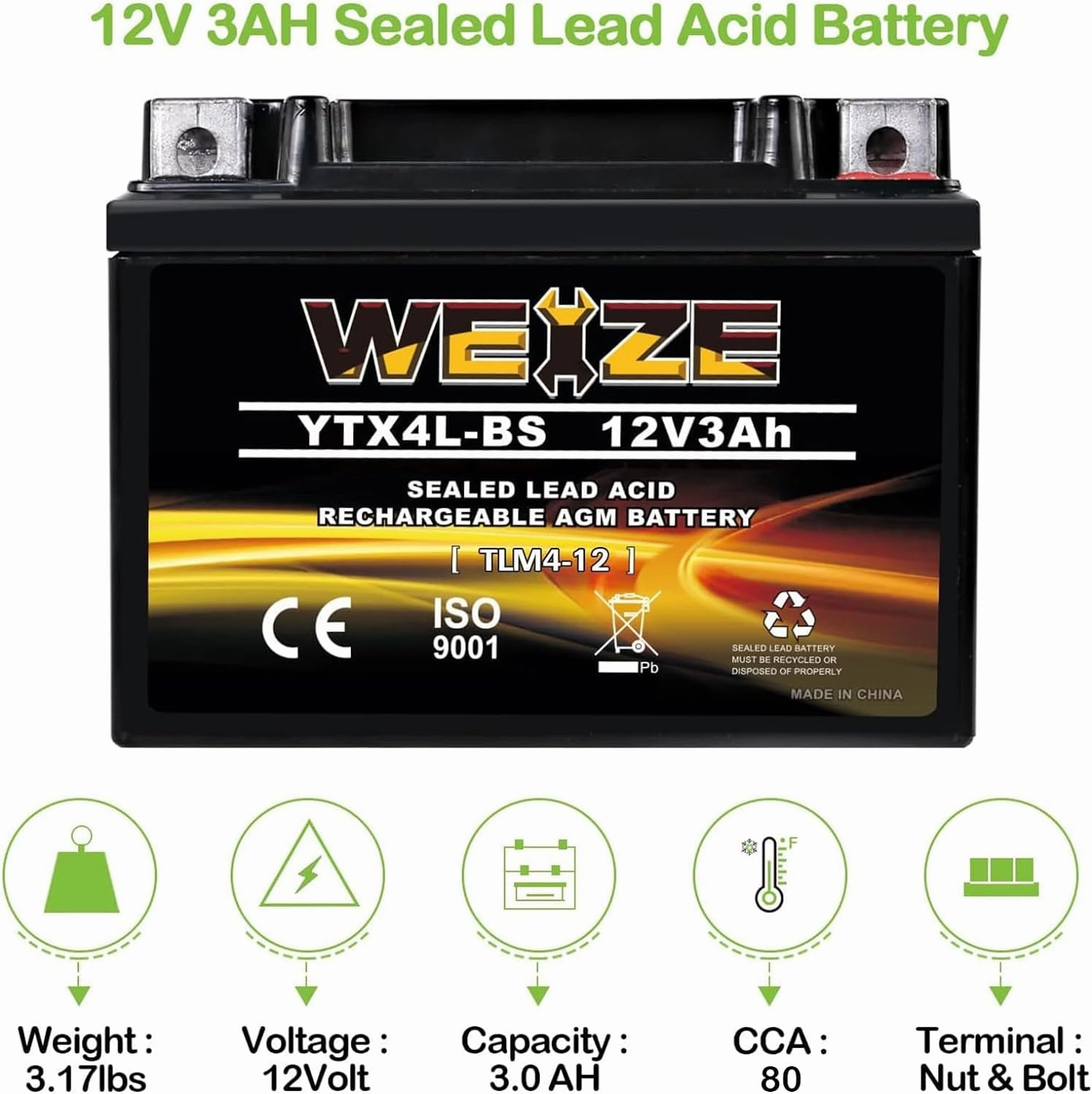 Weize YTX4L-BS High Performance-Rechargeable-Sealed Motorcycle Battery Compatible With Polaris Scrambler, Sportsman 90, Honda Scooters NQ50 Spree,Kawasaki 110 Can-Am DS70,Yamaha TTR125E/LE