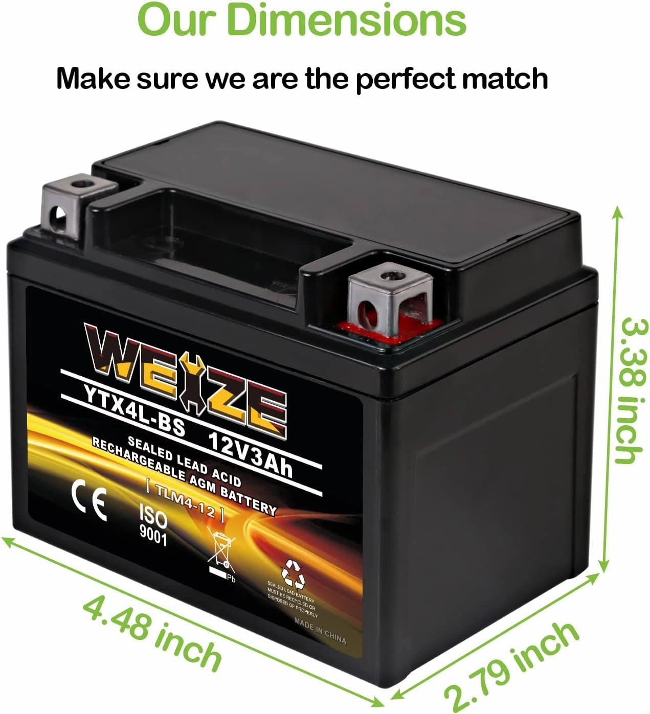 Weize YTX4L-BS High Performance-Rechargeable-Sealed Motorcycle Battery Compatible With Polaris Scrambler, Sportsman 90, Honda Scooters NQ50 Spree,Kawasaki 110 Can-Am DS70,Yamaha TTR125E/LE