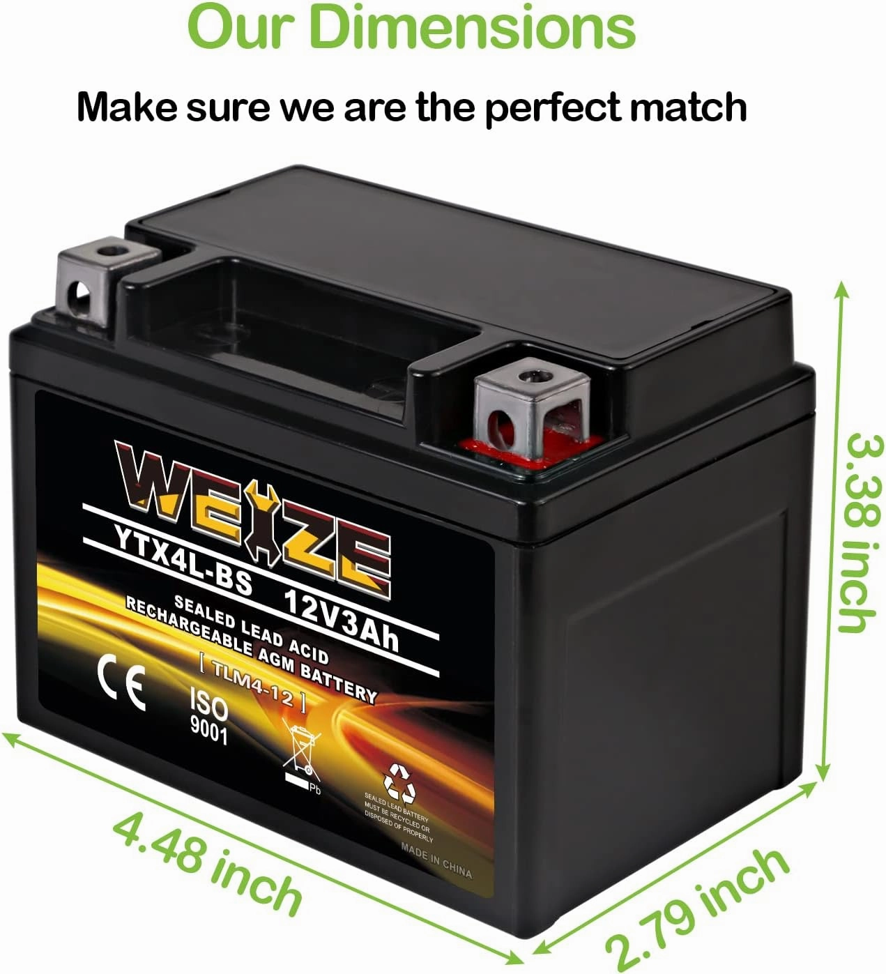 Weize YTX4L-BS High Performance-Rechargeable-Sealed Motorcycle Battery Compatible With Polaris Scrambler, Sportsman 90, Honda Scooters NQ50 Spree,Kawasaki 110 Can-Am DS70,Yamaha TTR125E/LE