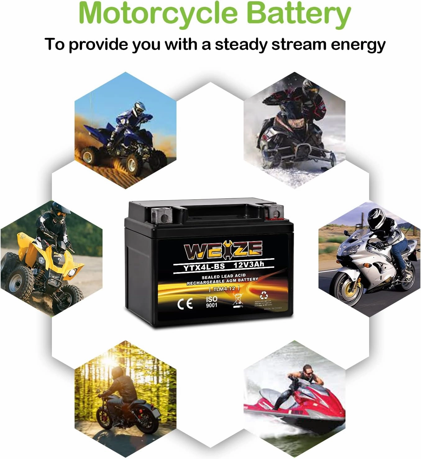 Weize YTX4L-BS High Performance-Rechargeable-Sealed Motorcycle Battery Compatible With Polaris Scrambler, Sportsman 90, Honda Scooters NQ50 Spree,Kawasaki 110 Can-Am DS70,Yamaha TTR125E/LE