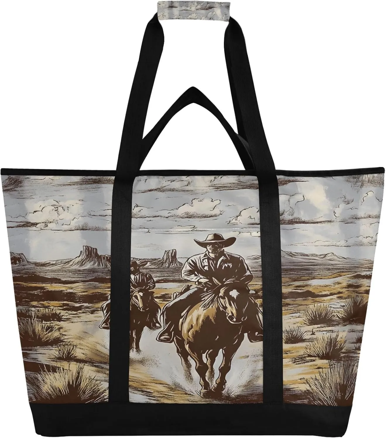 Western Cowboy Dessert Reusable Insulated Lunchbox Cooler Bag, Leakproof Kitchen Grocery Bag Collapsible Portable Cooler Tote Bag for Picnic, Camping, Office, Travel