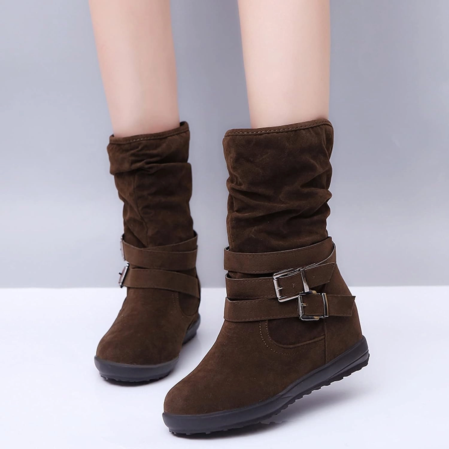 Western Cowboy Booties Side Zipper Wide Calf Ankle Boots Comfy Winter Fall Walking Hiking Travel Shoes with Buckle Strap Classic Pull On Tabs Stylish Suede Party Boots for Women