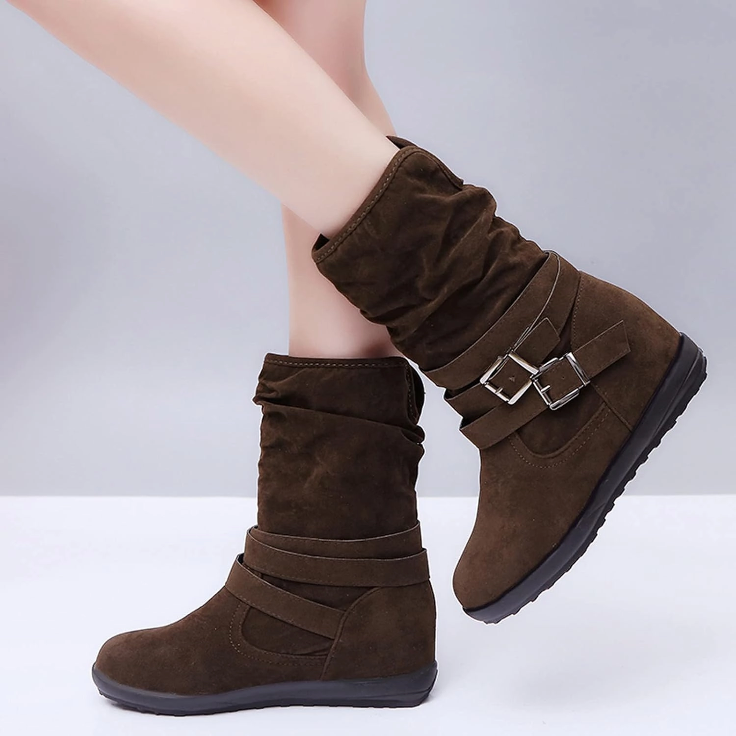 Western Cowboy Booties Side Zipper Wide Calf Ankle Boots Comfy Winter Fall Walking Hiking Travel Shoes with Buckle Strap Classic Pull On Tabs Stylish Suede Party Boots for Women