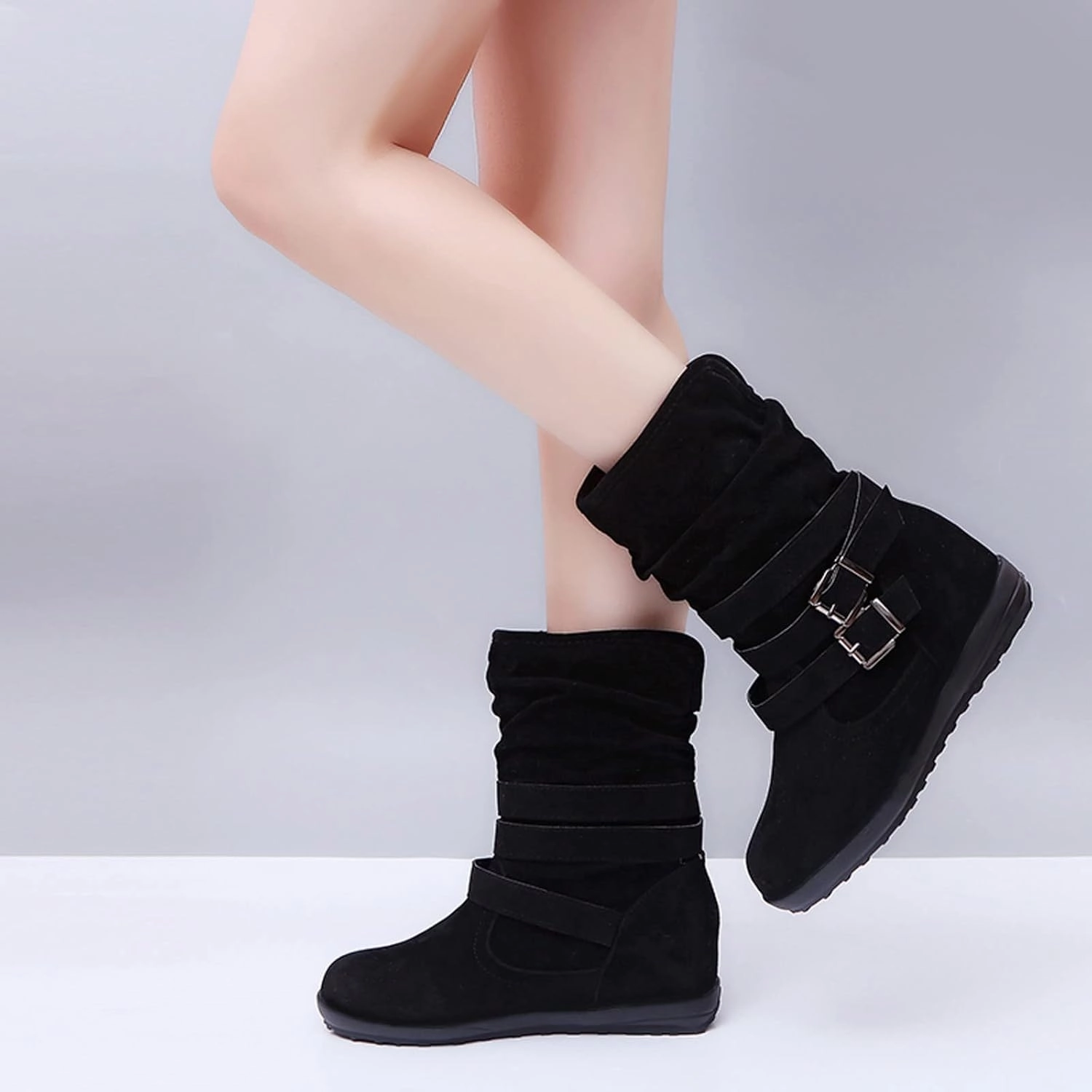Western Cowboy Booties Side Zipper Wide Calf Ankle Boots Comfy Winter Fall Walking Hiking Travel Shoes with Buckle Strap Classic Pull On Tabs Stylish Suede Party Boots for Women
