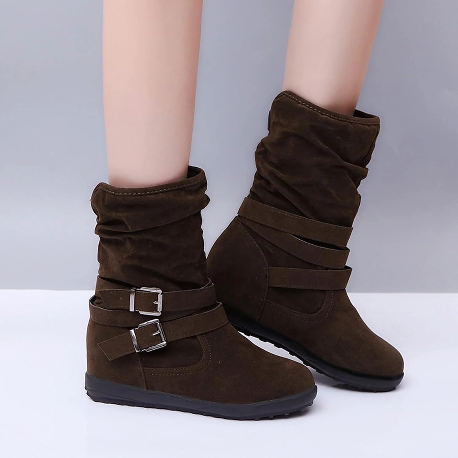 Western Cowboy Booties Side Zipper Wide Calf Ankle Boots Comfy Winter Fall Walking Hiking Travel Shoes with Buckle Strap Classic Pull On Tabs Stylish Suede Party Boots for Women