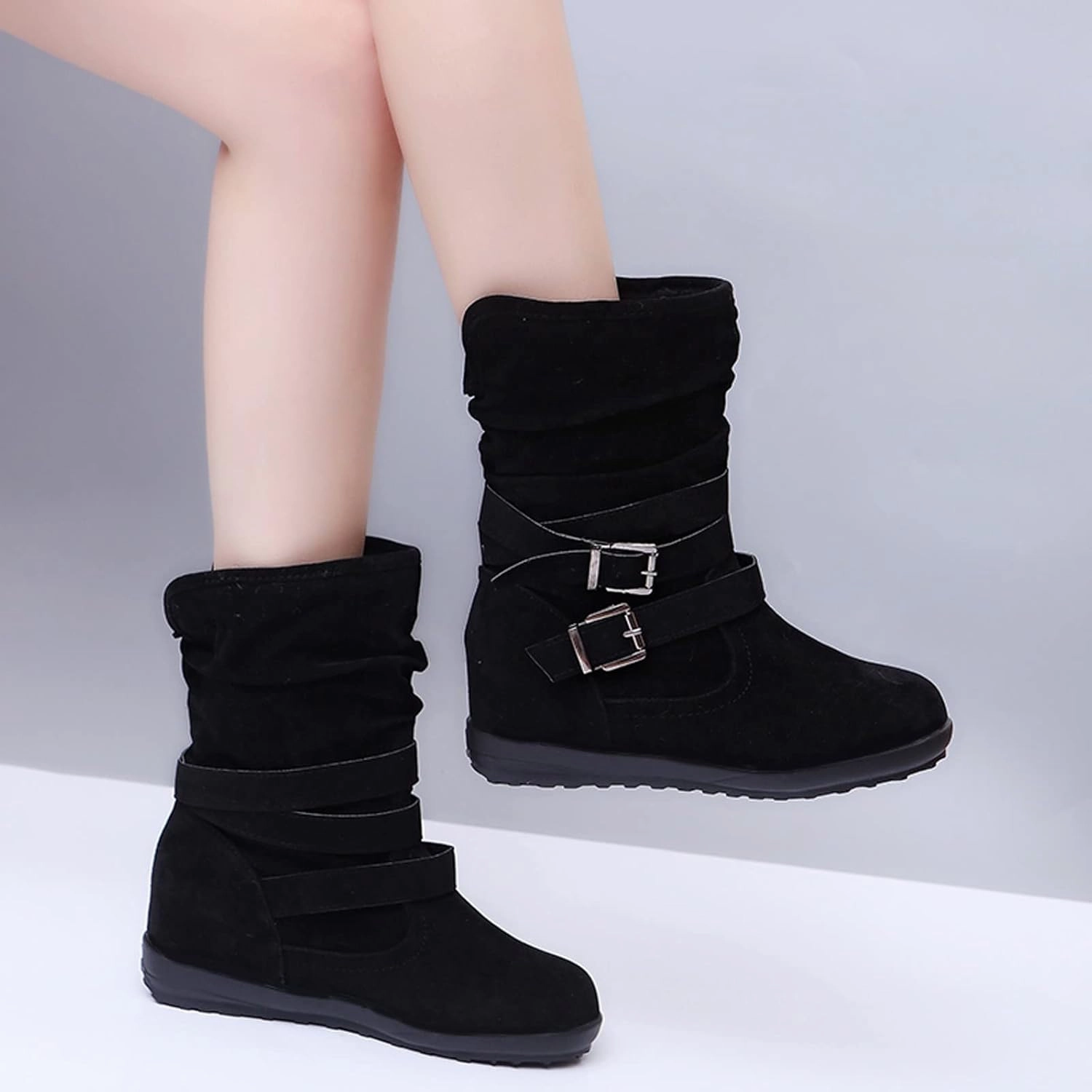 Western Cowboy Booties Side Zipper Wide Calf Ankle Boots Comfy Winter Fall Walking Hiking Travel Shoes with Buckle Strap Classic Pull On Tabs Stylish Suede Party Boots for Women