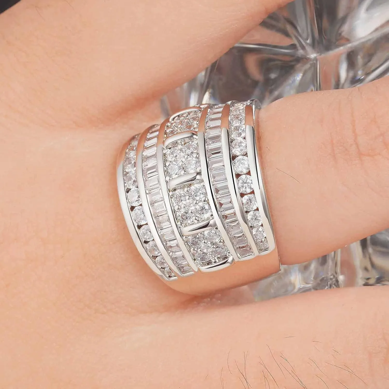 Wide Wedding Bands for Women AAAAA Cubic Zirconia Engagement Bridal Eternity Stackable Rings White Gold Size 5-10