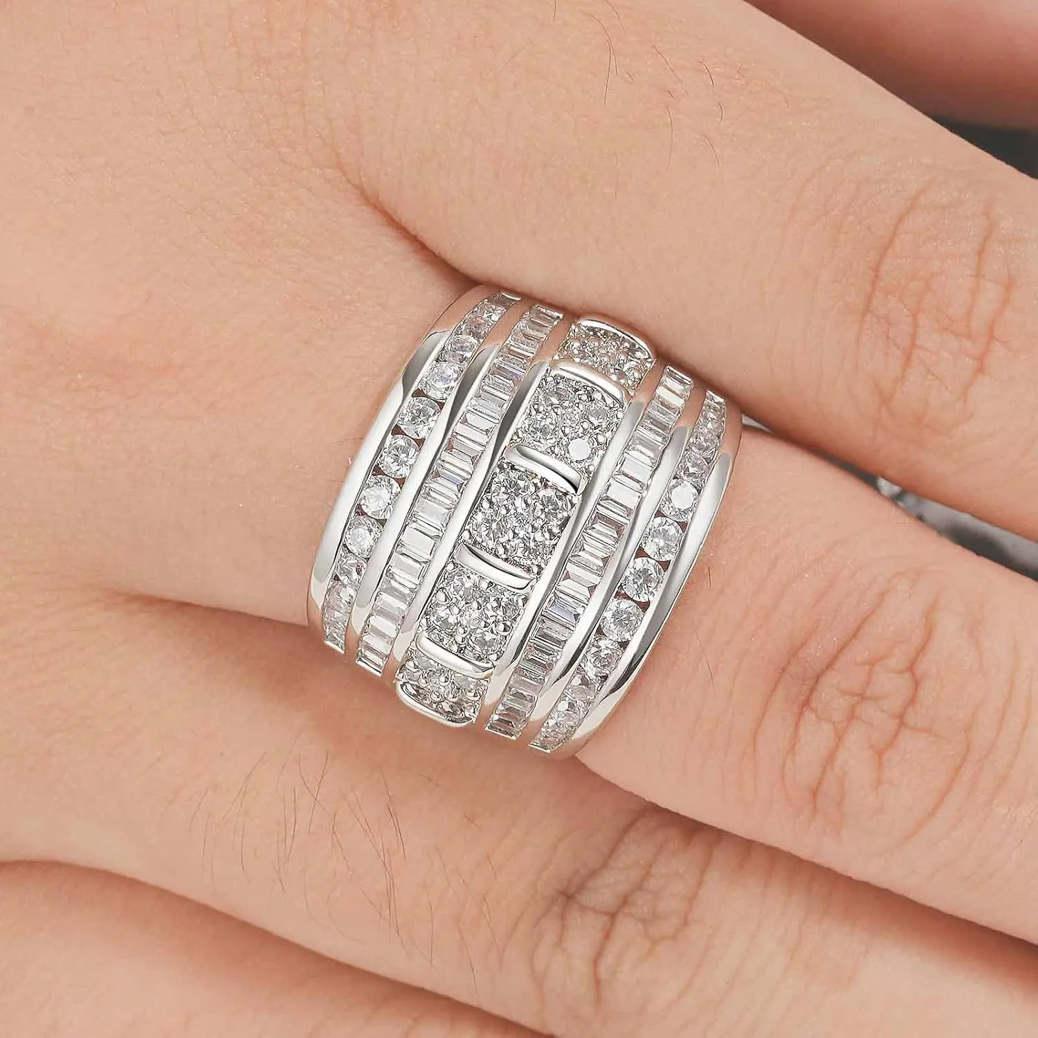 Wide Wedding Bands for Women AAAAA Cubic Zirconia Engagement Bridal Eternity Stackable Rings White Gold Size 5-10