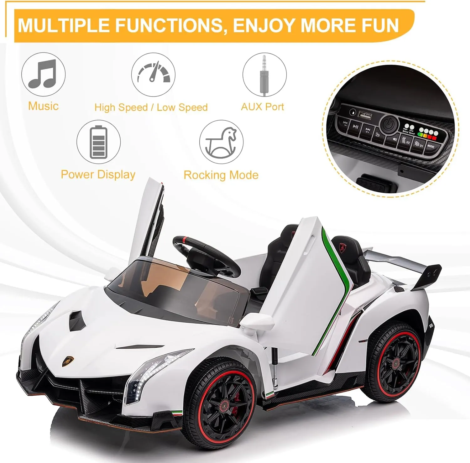 Winado 12V Ride on Car, Electric Vehicle Licensed Lamborghini Veneno for Kids, Electric Cars for Kids w/Parent Control, Hydraulic Doors, 3 Speeds, LED Headlights, Horn - White