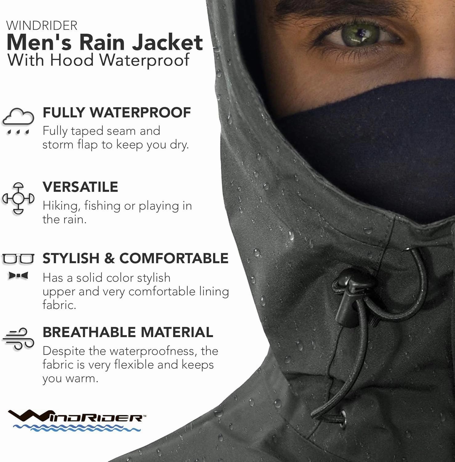 WindRider Men's Rain Jacket with Hood Waterproof | Breathable | Soft Feel