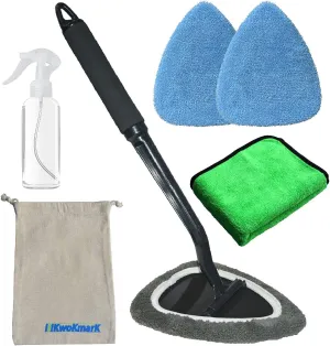 Windshield Cleaner Tool Car Window Cleaning Wand Glass Microfiber Brush Bigger Pad Thicker Softy Cloth, with Towel Spray Bottle Cloth Bag Kit TTL 6Pcs