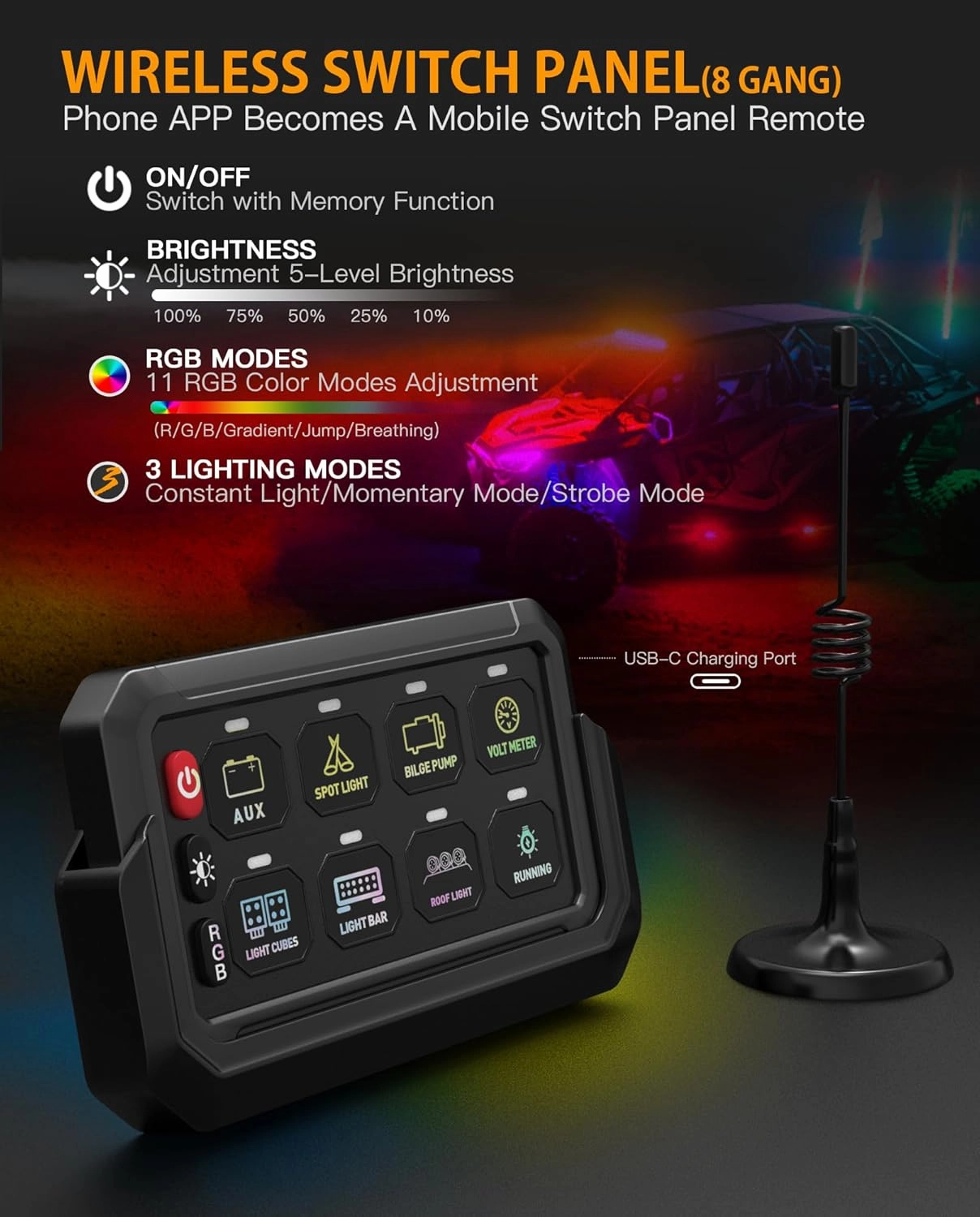 Wireless 8 Gang Switch Panel, Multifunction Touch Control, Electronic Relay System, Remote Control Up to 600FT, 12-24V Switch Panel for Offroad Truck UTV Boat, Waterproof