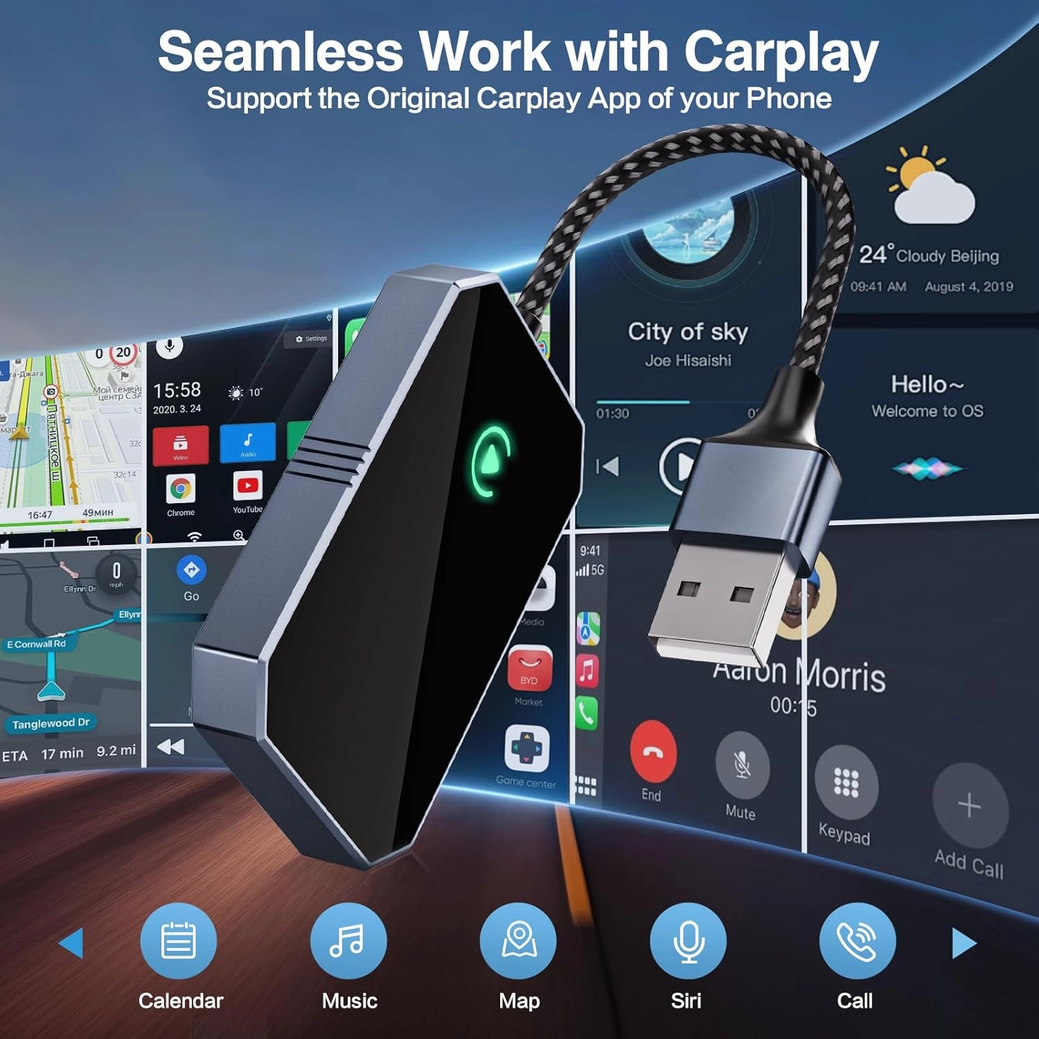 Wireless CarPlay Adapter for Apple, Convert OEM Wired to Wireless CarPlay Adapter for iPhone, Fit for Cars 2015  & for Apple iPhone, Plug & Play No Latency Easy Setup from iOS 10  to Screen w/USB C