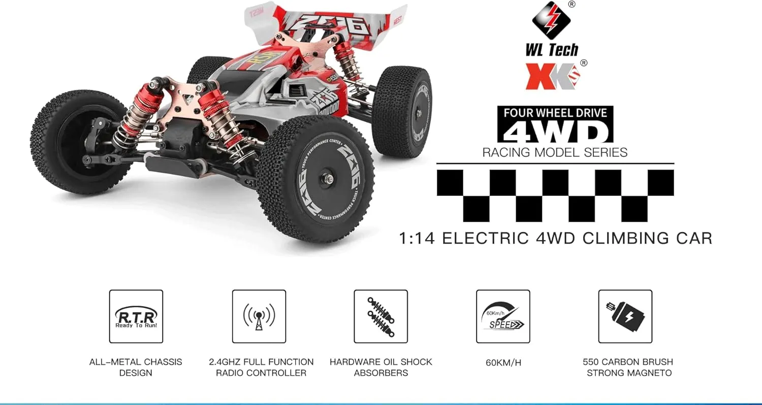 WLtoys High-Speed RC Car 144001 1:14 60KM/H 2.4G RC Car 4WD Electric High Speed Off-Road Remote Control Racing Drift Toys Car 1/14 for Children (144001 1500 2200)