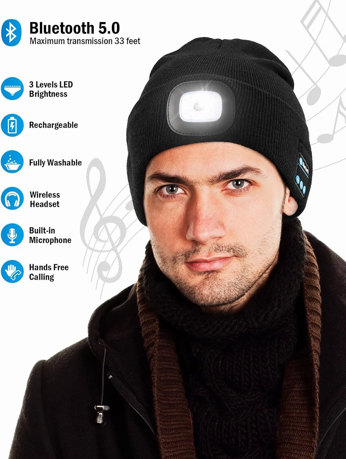 Wmcaps Bluetooth Beanie with a Light, Unisex USB Rechargeable 4 LED Fashlight Hat with Cordless Headphones, Unique Christmas Birthday Gifts for Men Him Husband Teen Dark Grey