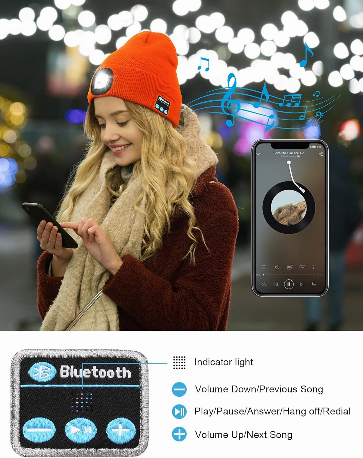 Wmcaps Bluetooth Beanie with a Light, Unisex USB Rechargeable 4 LED Fashlight Hat with Cordless Headphones, Unique Christmas Birthday Gifts for Men Him Husband Teen Dark Grey