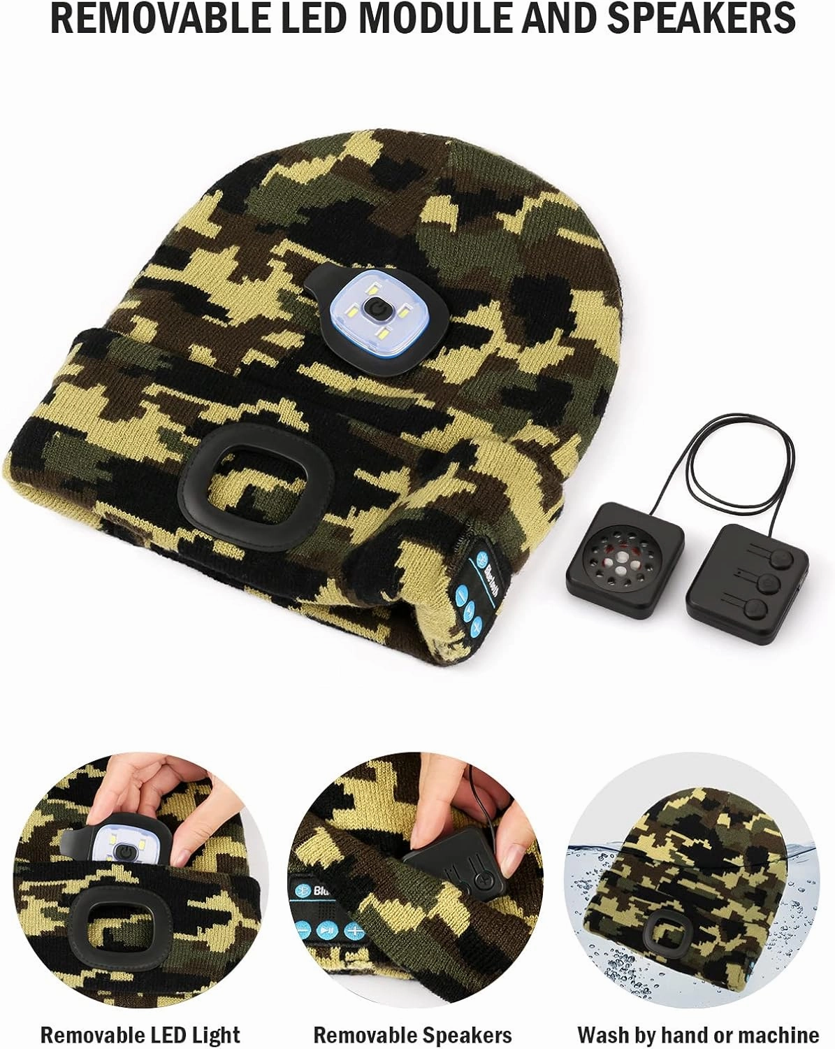 Wmcaps Bluetooth Beanie with a Light, Unisex USB Rechargeable 4 LED Fashlight Hat with Cordless Headphones, Unique Christmas Birthday Gifts for Men Him Husband Teen Dark Grey