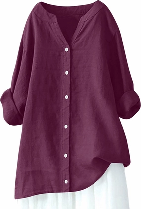 Women Cotton Linen Shirts Roll Up 3/4 Sleeve Summer Tops V Neck Button Down Blouse Loose Fit Casual Gauze Tee Shirt