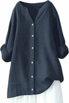 Women Cotton Linen Shirts Roll Up 3/4 Sleeve Summer Tops V Neck Button Down Blouse Loose Fit Casual Gauze Tee Shirt