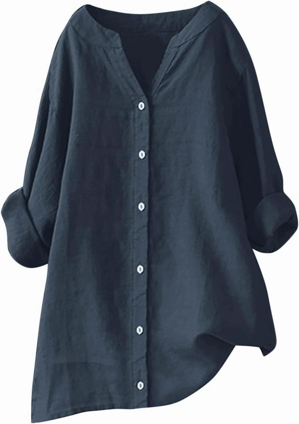 Women Cotton Linen Shirts Roll Up 3/4 Sleeve Summer Tops V Neck Button Down Blouse Loose Fit Casual Gauze Tee Shirt