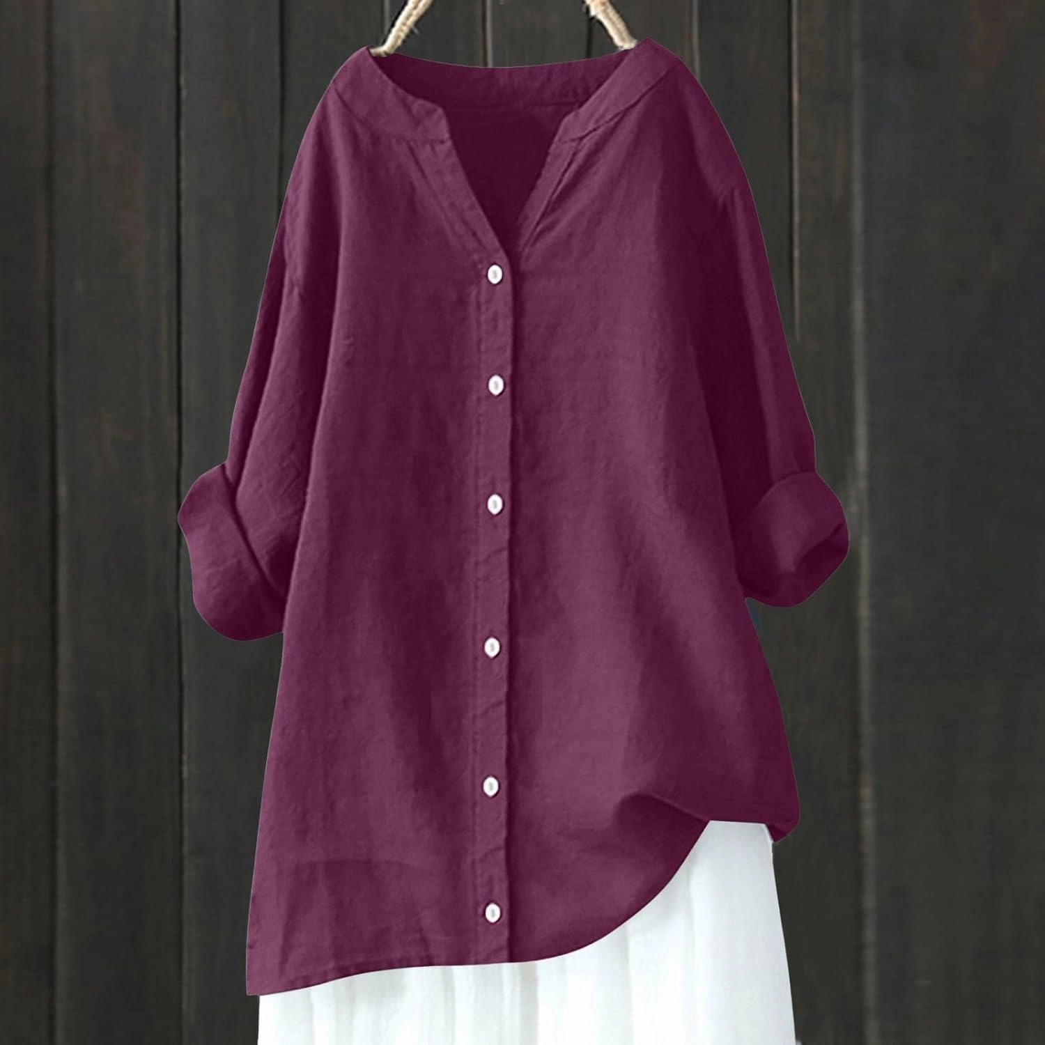 Women Cotton Linen Shirts Roll Up 3/4 Sleeve Summer Tops V Neck Button Down Blouse Loose Fit Casual Gauze Tee Shirt
