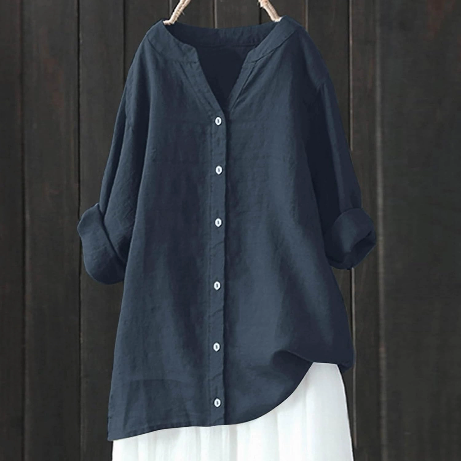 Women Cotton Linen Shirts Roll Up 3/4 Sleeve Summer Tops V Neck Button Down Blouse Loose Fit Casual Gauze Tee Shirt