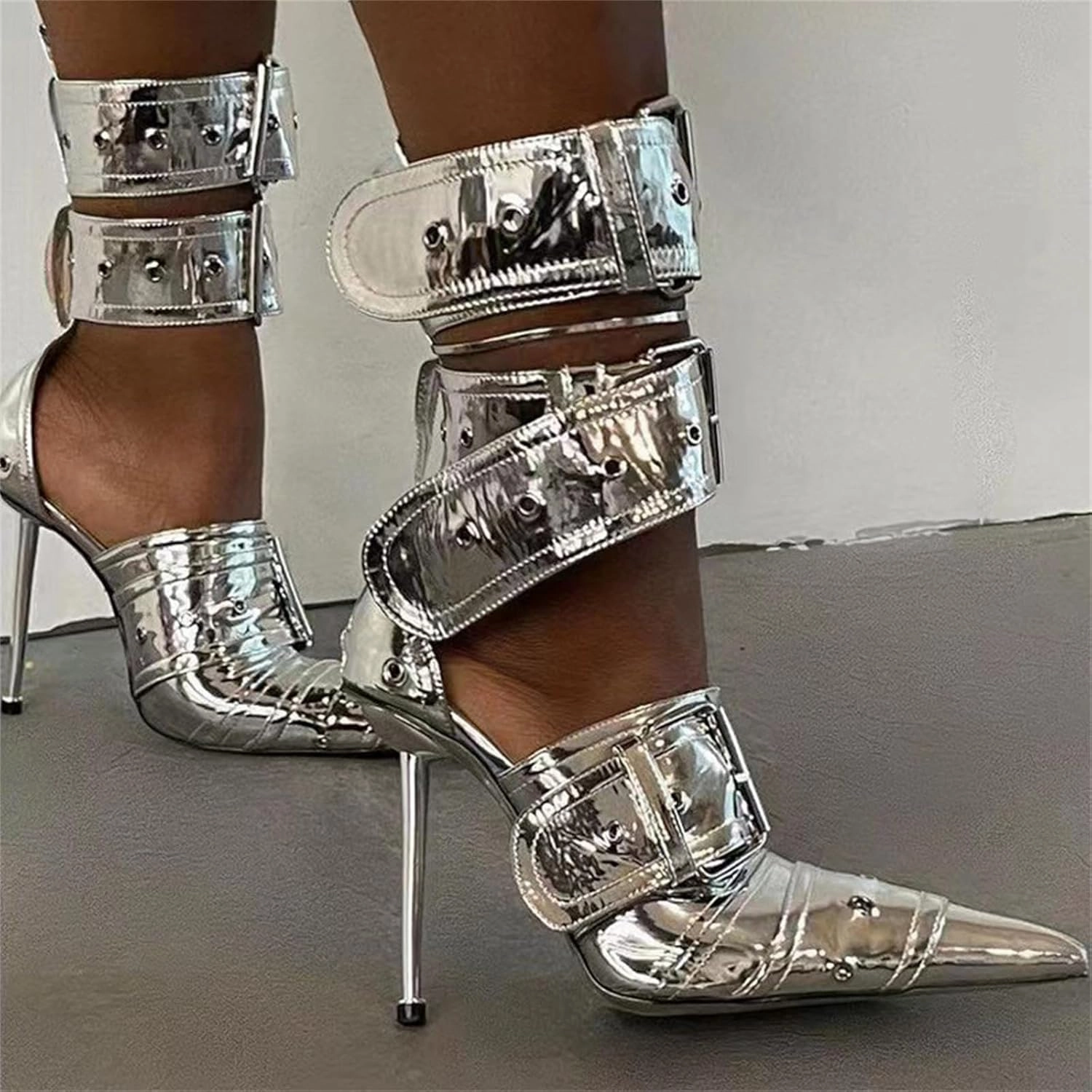 Women's Ankle Strap Stiletto Heels Pointed Toe Sexy Metal Buckle Stiletto High Heels Pumps Shoes for Party Evening Wedding Party